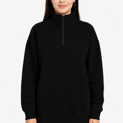 Kadın 3 İplik Pamuklu Dık Yaka Yarım Fermuarlı SweatShirt - Siyah Kadın 3 İplik Pamuklu Dık Yaka Yarım Fermuarlı SweatShirt - Siyah