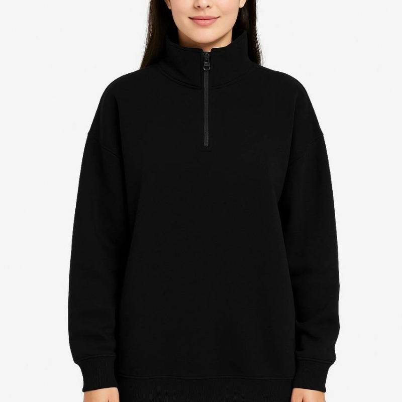 Kadın 3 İplik Pamuklu Dık Yaka Yarım Fermuarlı SweatShirt - Siyah Kadın 3 İplik Pamuklu Dık Yaka Yarım Fermuarlı SweatShirt - Siyah