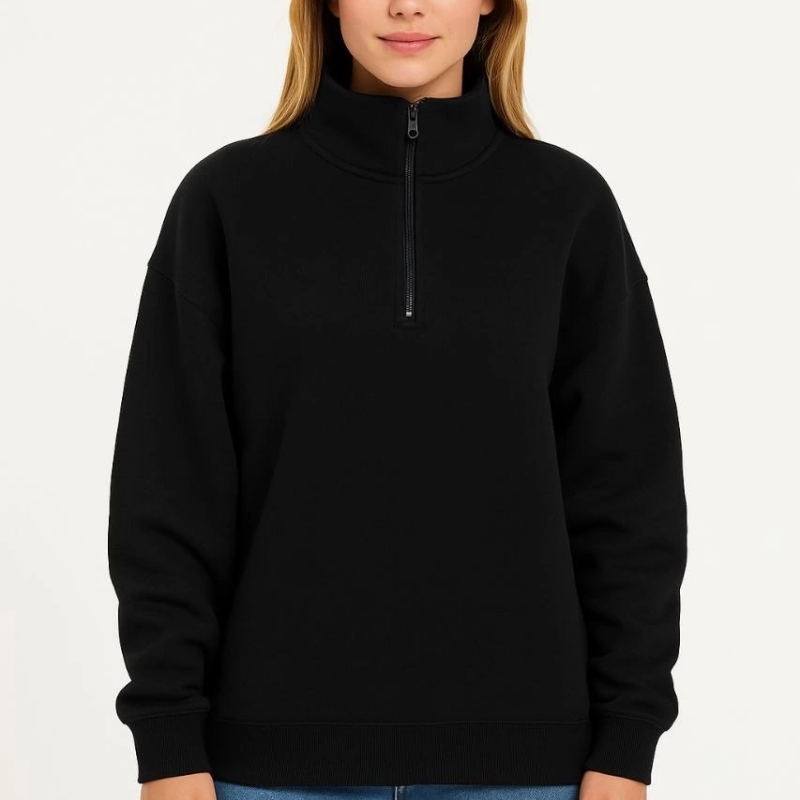 Kadın 3 İplik Pamuklu Dık Yaka Yarım Fermuarlı SweatShirt - Siyah Kadın 3 İplik Pamuklu Dık Yaka Yarım Fermuarlı SweatShirt - Siyah