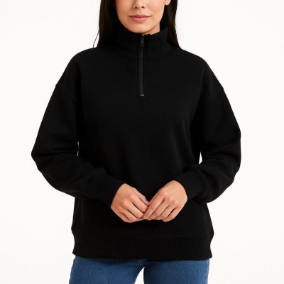 Kadın 3 İplik Pamuklu Dık Yaka Yarım Fermuarlı SweatShirt - Siyah Kadın 3 İplik Pamuklu Dık Yaka Yarım Fermuarlı SweatShirt - Siyah