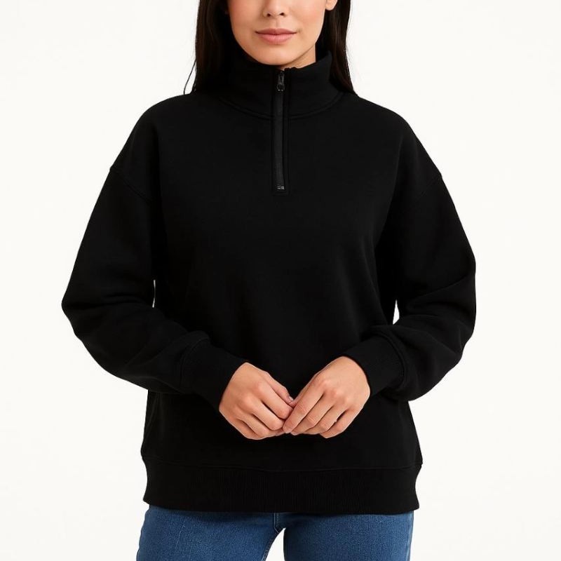 Kadın 3 İplik Pamuklu Dık Yaka Yarım Fermuarlı SweatShirt - Siyah Kadın 3 İplik Pamuklu Dık Yaka Yarım Fermuarlı SweatShirt - Siyah