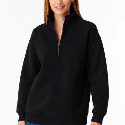 Kadın 3 İplik Pamuklu Dık Yaka Yarım Fermuarlı SweatShirt - Siyah Kadın 3 İplik Pamuklu Dık Yaka Yarım Fermuarlı SweatShirt - Siyah