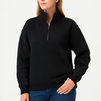 Kadın 3 İplik Pamuklu Dık Yaka Yarım Fermuarlı SweatShirt - Siyah Kadın 3 İplik Pamuklu Dık Yaka Yarım Fermuarlı SweatShirt - Siyah