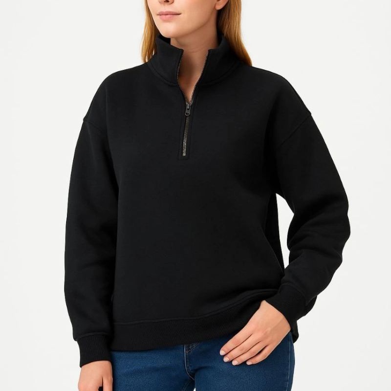 Kadın 3 İplik Pamuklu Dık Yaka Yarım Fermuarlı SweatShirt - Siyah Kadın 3 İplik Pamuklu Dık Yaka Yarım Fermuarlı SweatShirt - Siyah