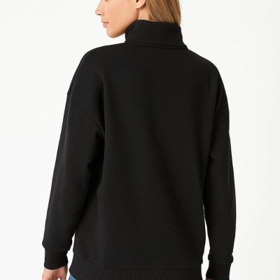 Kadın 3 İplik Pamuklu Dık Yaka Yarım Fermuarlı SweatShirt - Siyah Kadın 3 İplik Pamuklu Dık Yaka Yarım Fermuarlı SweatShirt - Siyah