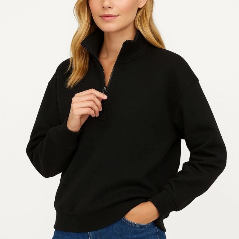 Kadın 3 İplik Pamuklu Dık Yaka Yarım Fermuarlı SweatShirt - Siyah Kadın 3 İplik Pamuklu Dık Yaka Yarım Fermuarlı SweatShirt - Siyah