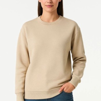 Kadın 3 İplik Pamuklu Düz Bisiklet Yaka SweatShirt - Bej Kadın 3 İplik Pamuklu Düz Bisiklet Yaka SweatShirt - Bej