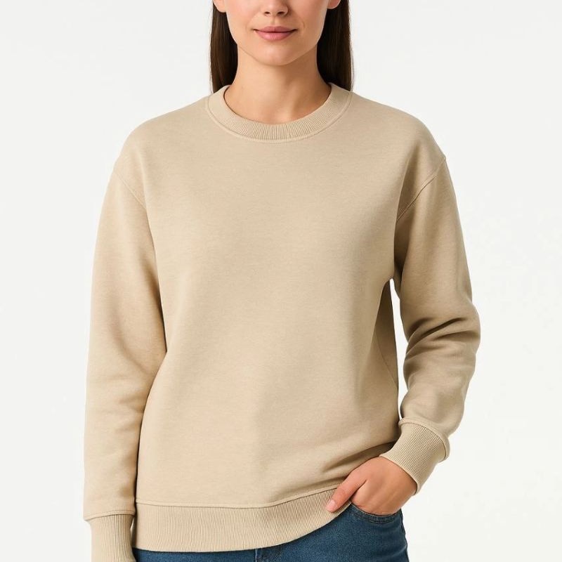 Kadın 3 İplik Pamuklu Düz Bisiklet Yaka SweatShirt - Bej Kadın 3 İplik Pamuklu Düz Bisiklet Yaka SweatShirt - Bej