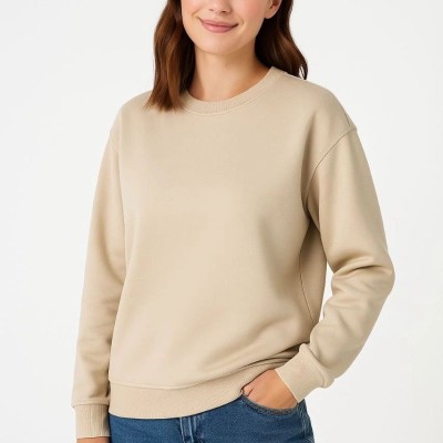 Kadın 3 İplik Pamuklu Düz Bisiklet Yaka SweatShirt - Bej Kadın 3 İplik Pamuklu Düz Bisiklet Yaka SweatShirt - Bej