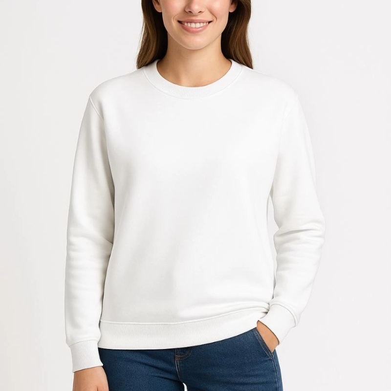 Kadın 3 İplik Pamuklu Düz Bisiklet Yaka SweatShirt - Beyaz Kadın 3 İplik Pamuklu Düz Bisiklet Yaka SweatShirt - Beyaz