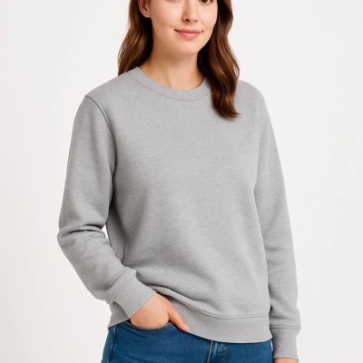 Kadın 3 İplik Pamuklu Düz Bisiklet Yaka SweatShirt - Gri Kadın 3 İplik Pamuklu Düz Bisiklet Yaka SweatShirt - Gri