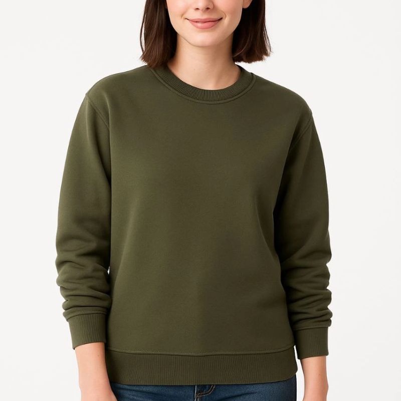Kadın 3 İplik Pamuklu Düz Bisiklet Yaka SweatShirt - Haki Kadın 3 İplik Pamuklu Düz Bisiklet Yaka SweatShirt - Haki