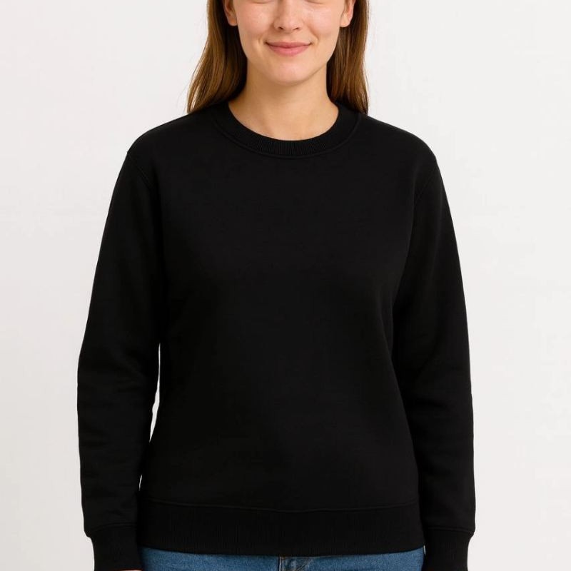 Kadın 3 İplik Pamuklu Düz Bisiklet Yaka SweatShirt - Siyah Kadın 3 İplik Pamuklu Düz Bisiklet Yaka SweatShirt - Siyah