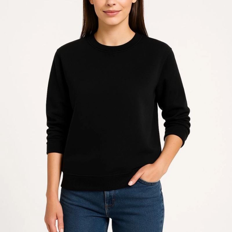 Kadın 3 İplik Pamuklu Düz Bisiklet Yaka SweatShirt - Siyah Kadın 3 İplik Pamuklu Düz Bisiklet Yaka SweatShirt - Siyah