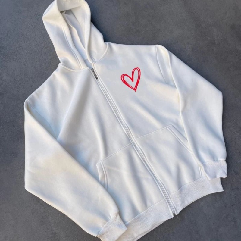 Kadın 3 İplik Pamuklu Fermuarlı Kapüşonlu Sweatshirt hoodie Hırka - Beyaz