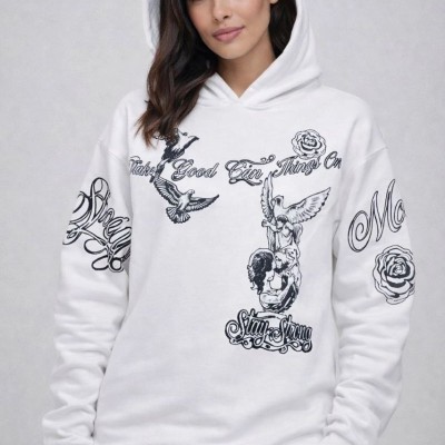 Kadın 3 İplik Pamuklu Kapüşonlu Baskılı SweatShirt hoodie - Beyaz Kadın 3 İplik Pamuklu Kapüşonlu Baskılı SweatShirt hoodie - Beyaz