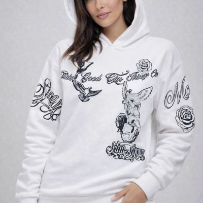 Kadın 3 İplik Pamuklu Kapüşonlu Baskılı SweatShirt hoodie - Beyaz Kadın 3 İplik Pamuklu Kapüşonlu Baskılı SweatShirt hoodie - Beyaz