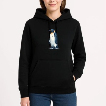 Kadın 3 İplik Pamuklu Kapüşonlu Hoodie Sweatshirt Survivor Penguen Baskılı - Siyah Kadın 3 İplik Pamuklu Kapüşonlu Hoodie Sweatshirt Survivor Penguen Baskılı - Siyah