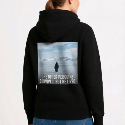 Kadın 3 İplik Pamuklu Kapüşonlu Hoodie Sweatshirt Survivor Penguen Baskılı - Siyah Kadın 3 İplik Pamuklu Kapüşonlu Hoodie Sweatshirt Survivor Penguen Baskılı - Siyah