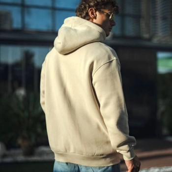 Kadın 3 İplik Pamuklu Kapüşonlu Kanguru Cepli Oversize Hoodie Sweatshirt - Bej Kadın 3 İplik Pamuklu Kapüşonlu Kanguru Cepli Oversize Hoodie Sweatshirt - Bej