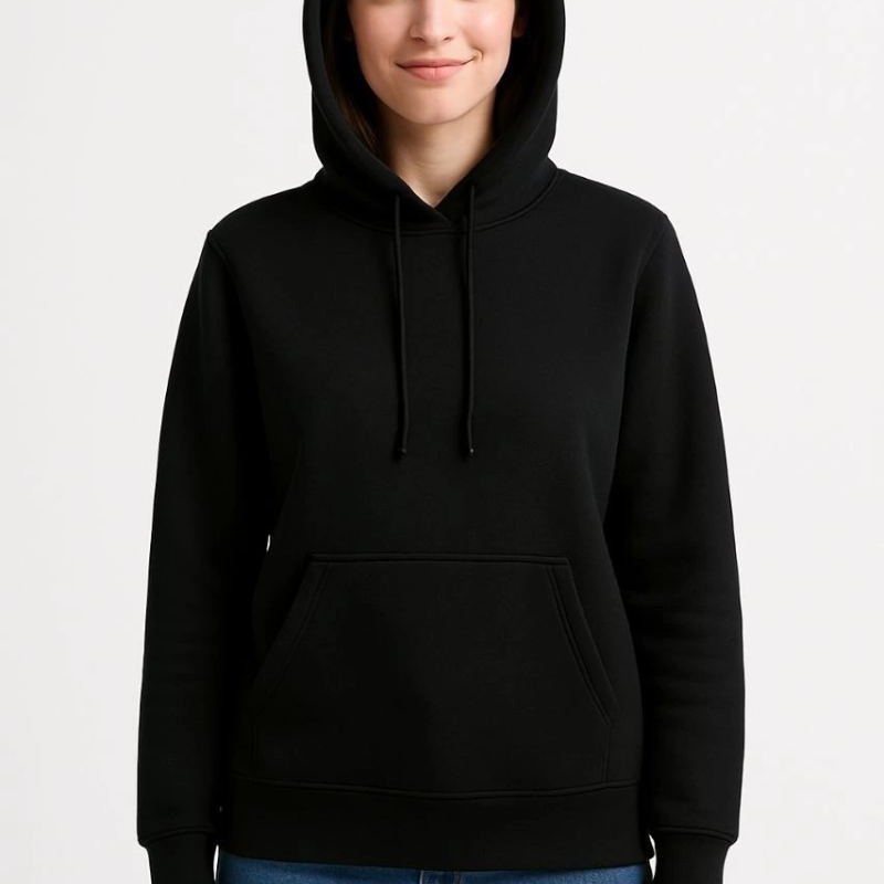 Kadın 3 İplik Pamuklu Kapüşonlu Kanguru Cepli Sweatshirt hoodie - Siyah Kadın 3 İplik Pamuklu Kapüşonlu Kanguru Cepli Sweatshirt hoodie - Siyah