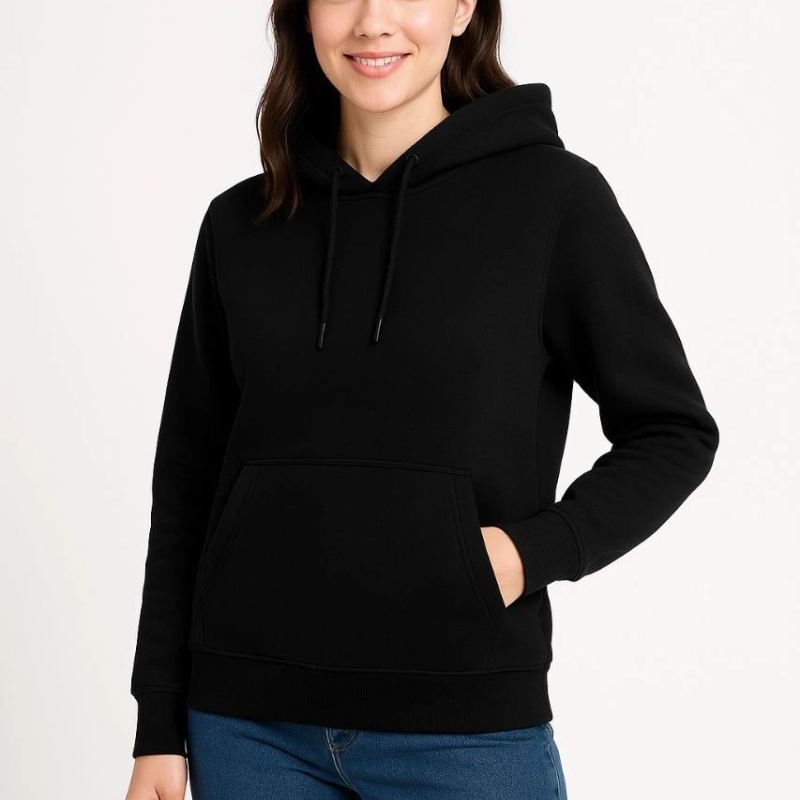 Kadın 3 İplik Pamuklu Kapüşonlu Kanguru Cepli Sweatshirt hoodie - Siyah Kadın 3 İplik Pamuklu Kapüşonlu Kanguru Cepli Sweatshirt hoodie - Siyah