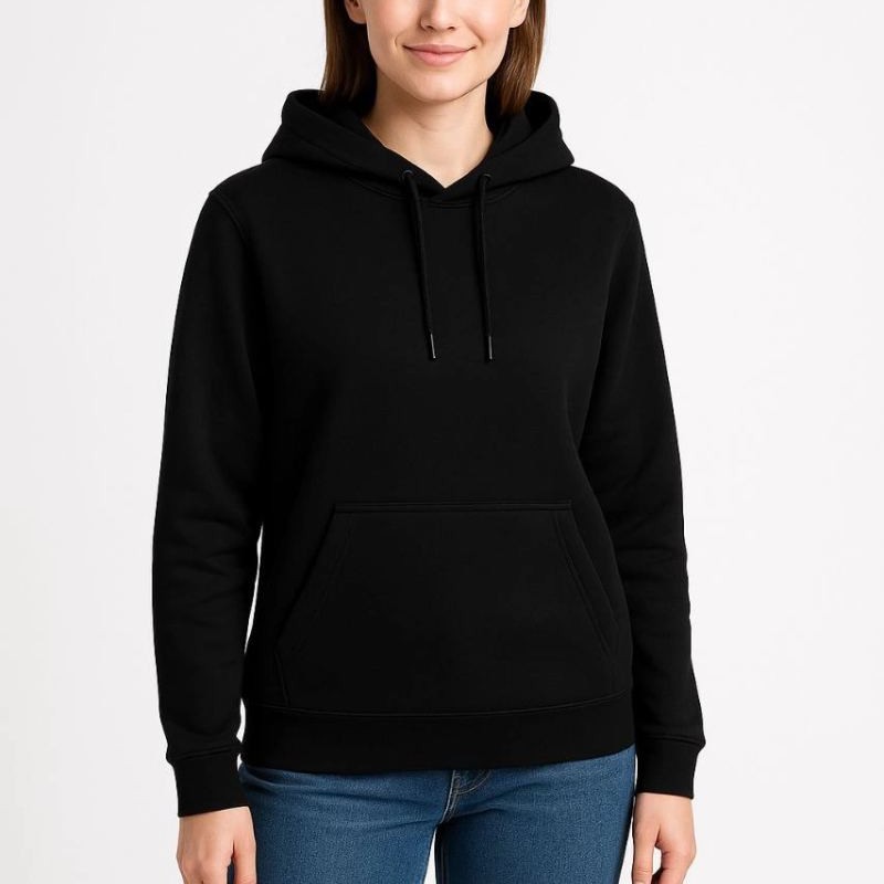 Kadın 3 İplik Pamuklu Kapüşonlu Kanguru Cepli Sweatshirt hoodie - Siyah Kadın 3 İplik Pamuklu Kapüşonlu Kanguru Cepli Sweatshirt hoodie - Siyah