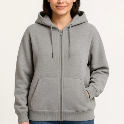 Kadın 3 İplik Pamuklu Kapüşonlu Tam Fermuarlı Kanguru Cepli Sweatshirt Hoodie - Gri Kadın 3 İplik Pamuklu Kapüşonlu Tam Fermuarlı Kanguru Cepli Sweatshirt Hoodie - Gri
