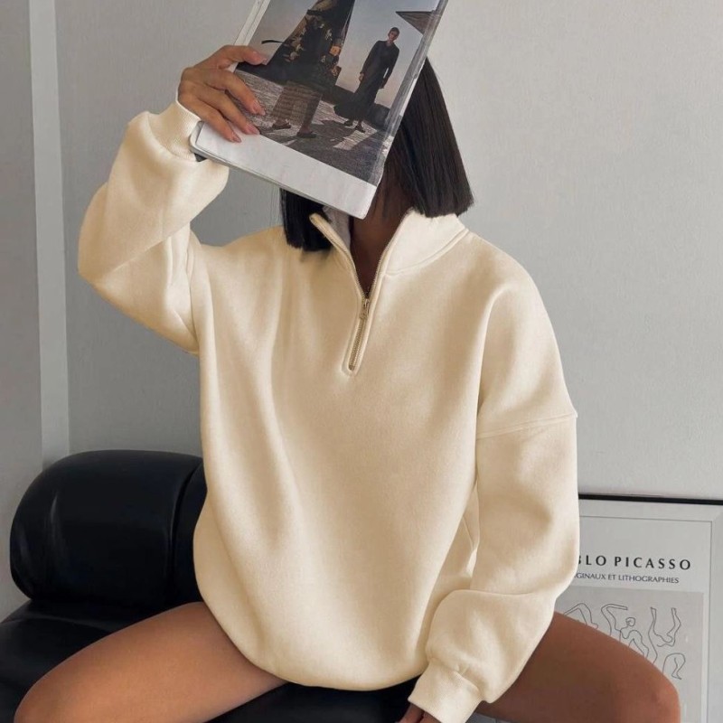 Kadın 3 İplik Pamuklu Oversize Yarım Fermuarlı Yakalı Basic Sweatshirt - Bej Kadın 3 İplik Pamuklu Oversize Yarım Fermuarlı Yakalı Basic Sweatshirt - Bej