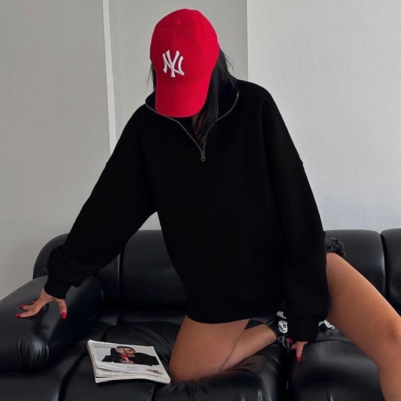 Kadın 3 İplik Pamuklu Oversize Yarım Fermuarlı Yakalı Basic Sweatshirt - Siyah Kadın 3 İplik Pamuklu Oversize Yarım Fermuarlı Yakalı Basic Sweatshirt - Siyah