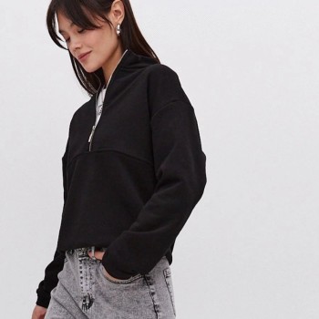 Kadın 3 İplik Pamuklu Oversize Yarım Fermuarlı Yakalı Basic Sweatshirt - Siyah Kadın 3 İplik Pamuklu Oversize Yarım Fermuarlı Yakalı Basic Sweatshirt - Siyah