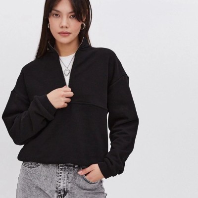 Kadın 3 İplik Pamuklu Oversize Yarım Fermuarlı Yakalı Basic Sweatshirt - Siyah Kadın 3 İplik Pamuklu Oversize Yarım Fermuarlı Yakalı Basic Sweatshirt - Siyah