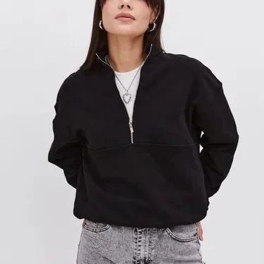 Kadın 3 İplik Pamuklu Oversize Yarım Fermuarlı Yakalı Basic Sweatshirt - Siyah Kadın 3 İplik Pamuklu Oversize Yarım Fermuarlı Yakalı Basic Sweatshirt - Siyah