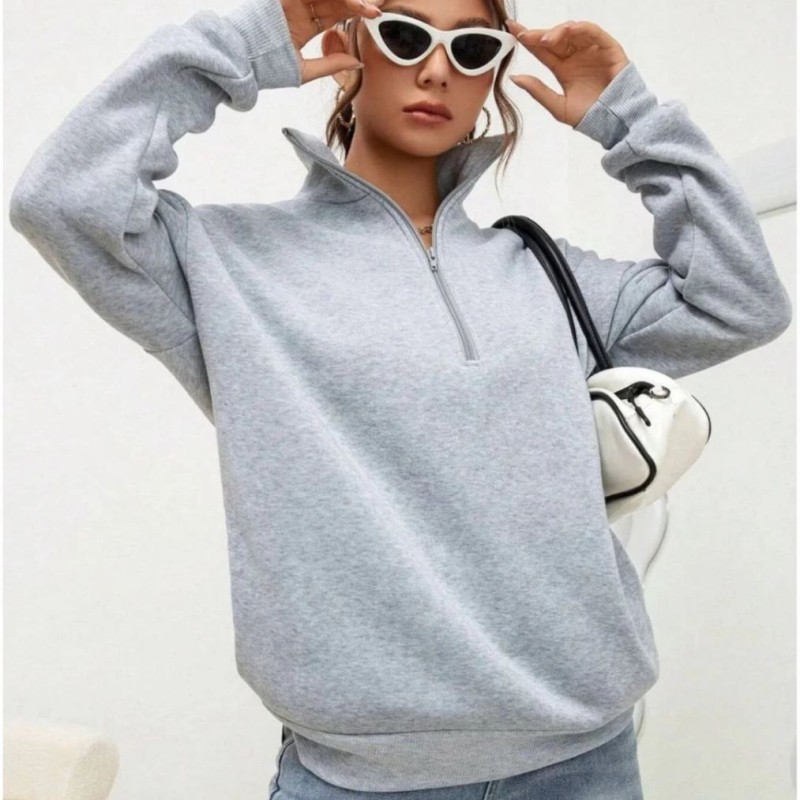 Kadın 3 iplik Pamuklu Uzun Kol Yarım Farmuarlı Yakalı SweatShirt - Gri Kadın 3 iplik Pamuklu Uzun Kol Yarım Farmuarlı Yakalı SweatShirt - Gri
