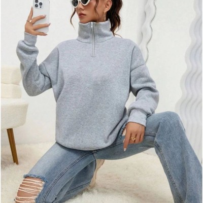 Kadın 3 iplik Pamuklu Uzun Kol Yarım Farmuarlı Yakalı SweatShirt - Gri Kadın 3 iplik Pamuklu Uzun Kol Yarım Farmuarlı Yakalı SweatShirt - Gri