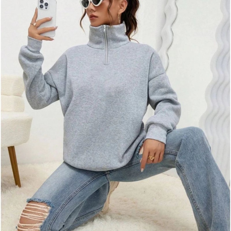 Kadın 3 iplik Pamuklu Uzun Kol Yarım Farmuarlı Yakalı SweatShirt - Gri Kadın 3 iplik Pamuklu Uzun Kol Yarım Farmuarlı Yakalı SweatShirt - Gri