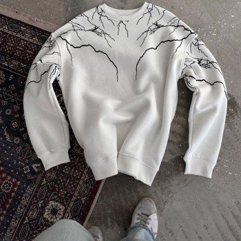 Kadın 3 iplik pamuklu Yıldırım Baskılı Bisiklet Yaka SweatShirt - Beyaz
