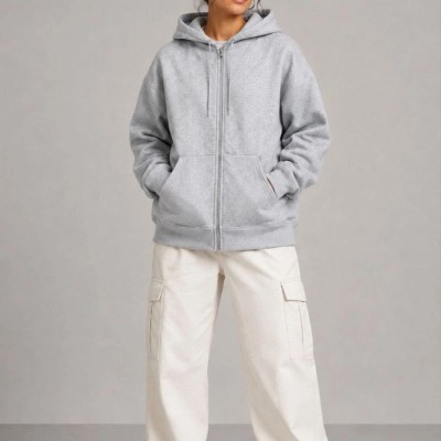 Kadın 3 İplik Şardonlu Tam Fermuarlı Kapüşonlu Arka Çanta Detaylı Sweatshirt - Gri