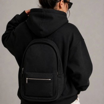 Kadın 3 İplik Şardonlu Tam Fermuarlı Kapüşonlu Arka Çanta Detaylı Sweatshirt - Siyah