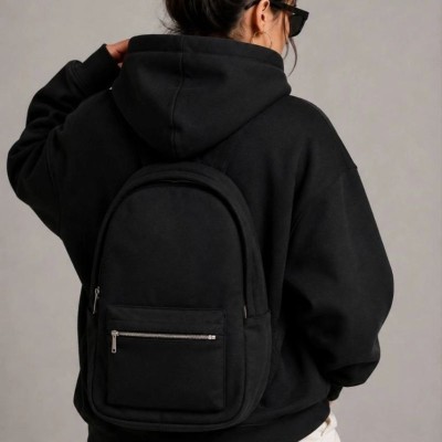 Kadın 3 İplik Şardonlu Tam Fermuarlı Kapüşonlu Arka Çanta Detaylı Sweatshirt - Siyah