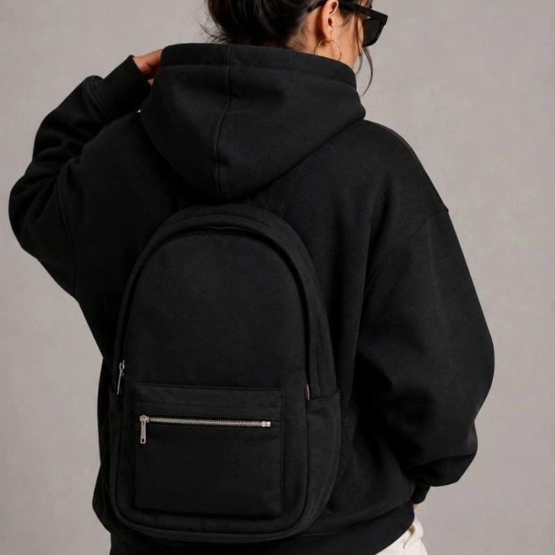 Kadın 3 İplik Şardonlu Tam Fermuarlı Kapüşonlu Arka Çanta Detaylı Sweatshirt - Siyah