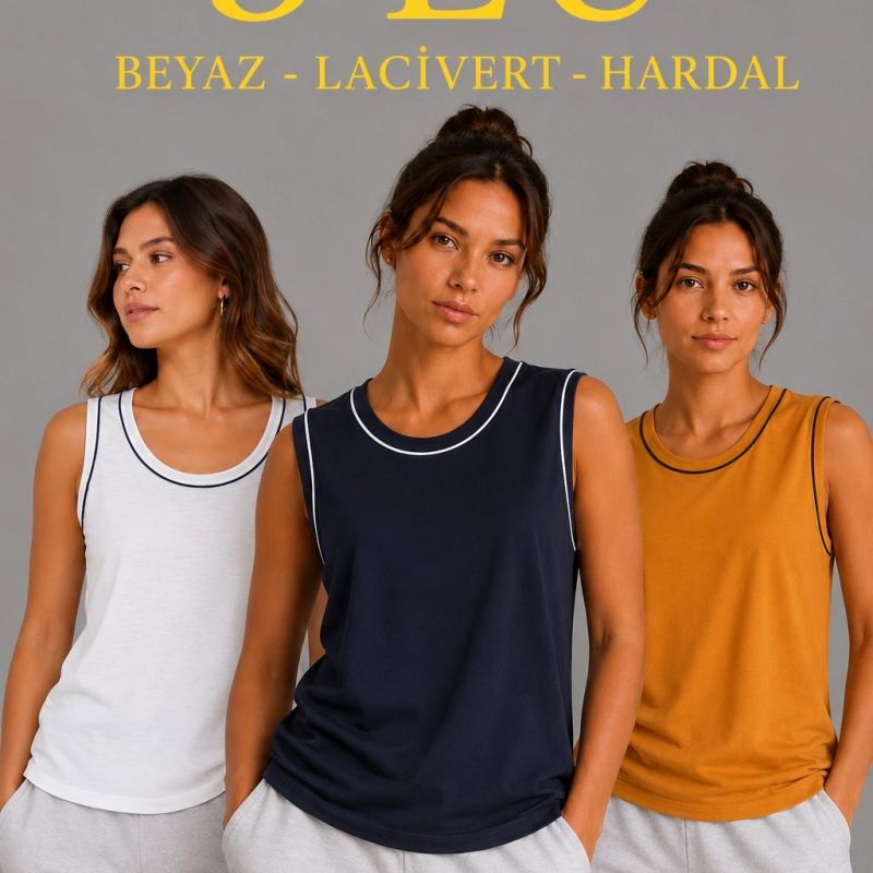 Kadın 3’lü Kolsuz Sporcu Atlet Seti Yazlık Bisiklet Yakalı - Beyaz, Lacivert, Hardal Kadın 3’lü Kolsuz Sporcu Atlet Seti Yazlık Bisiklet Yakalı - Beyaz, Lacivert, Hardal