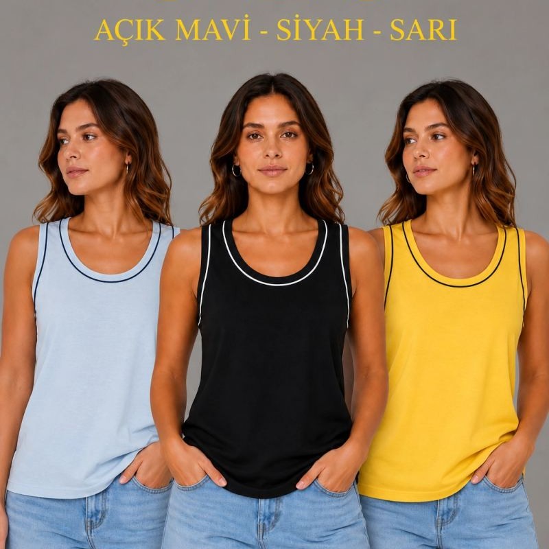 Kadın 3’lü Kolsuz Sporcu Atlet Seti Yazlık Bisiklet Yakalı - Sarı, Siyah, Bebe Mavisi Kadın 3’lü Kolsuz Sporcu Atlet Seti Yazlık Bisiklet Yakalı - Sarı, Siyah, Bebe Mavisi