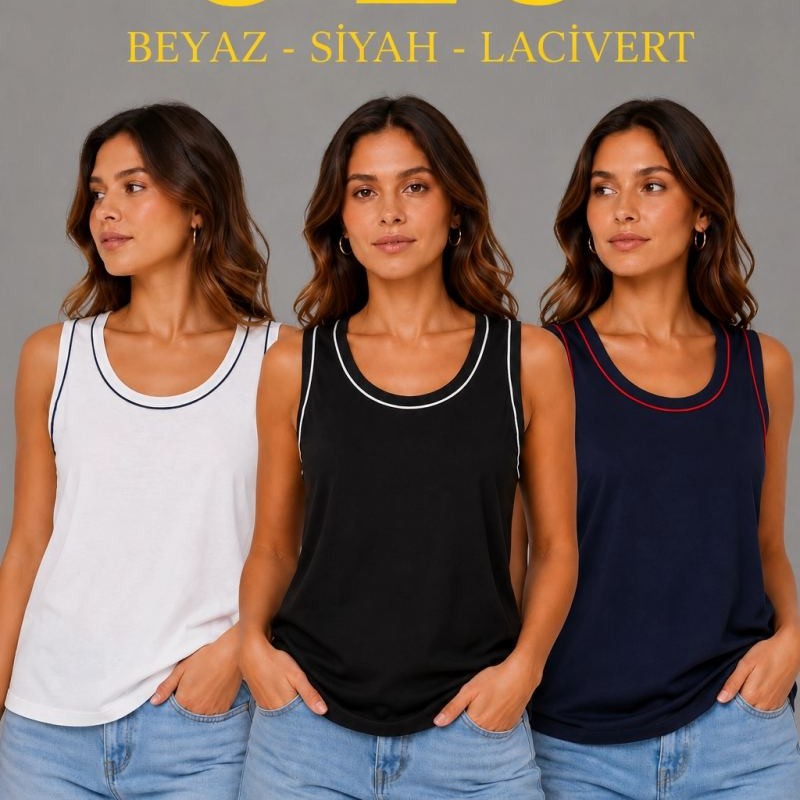 Kadın 3’lü Kolsuz Sporcu Atlet Seti Yazlık Bisiklet Yakalı - Siyah, Lacivert, Beyaz Kadın 3’lü Kolsuz Sporcu Atlet Seti Yazlık Bisiklet Yakalı - Siyah, Lacivert, Beyaz