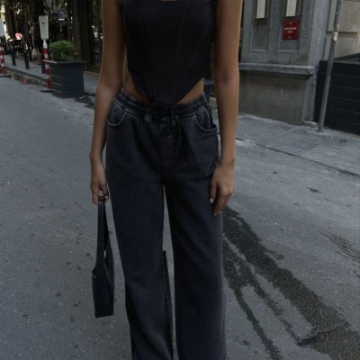 Kadın Arkadan Yırtmaçlı Jeans Kot Palazzo Pantolon - Siyah