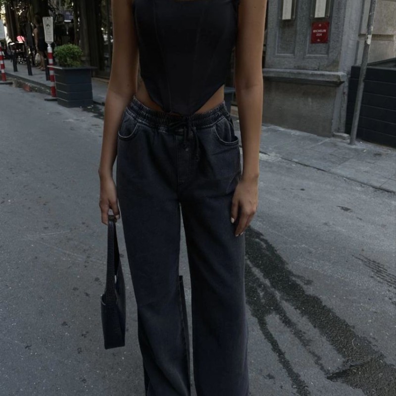 Kadın Arkadan Yırtmaçlı Jeans Kot Palazzo Pantolon - Siyah