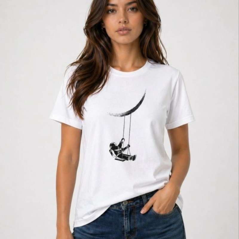 Kadın Astronot Ay Temalı Tişört Kısa Kol Yazlık Bisiklet Yaka T-Shirt - Beyaz Kadın Astronot Ay Temalı Tişört Kısa Kol Yazlık Bisiklet Yaka T-Shirt - Beyaz