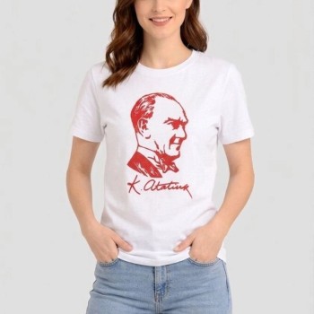 Kadın Atatürk Baskılı Tişört Kısa Kollu Bisiklet Yaka T-Shirt - Beyaz Kadın Atatürk Baskılı Tişört Kısa Kollu Bisiklet Yaka T-Shirt - Beyaz