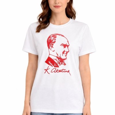 Kadın Atatürk Baskılı Tişört Kısa Kollu Bisiklet Yaka T-Shirt - Beyaz Kadın Atatürk Baskılı Tişört Kısa Kollu Bisiklet Yaka T-Shirt - Beyaz