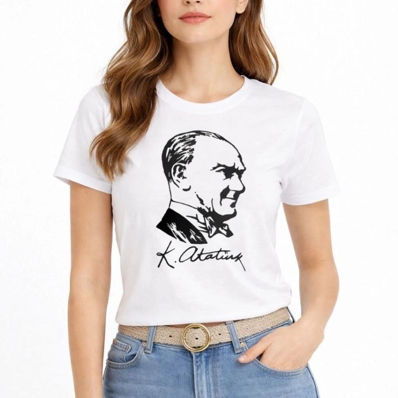 Kadın Atatürk Baskılı Tişört Kısa Kollu Bisiklet Yaka T-Shirt - Beyaz Kadın Atatürk Baskılı Tişört Kısa Kollu Bisiklet Yaka T-Shirt - Beyaz